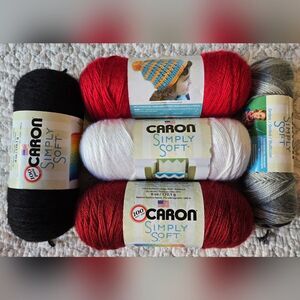 5 SkeiCaron Simply Soft Yarn- Black, Autumn Red, White, Stormy Weather